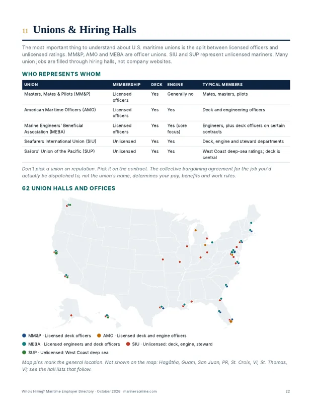 Sample page: map of 62 union hiring halls, color-coded by union