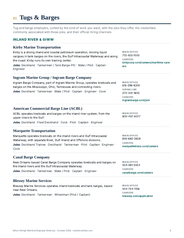 Sample page: tug and barge employers with phone numbers and careers pages