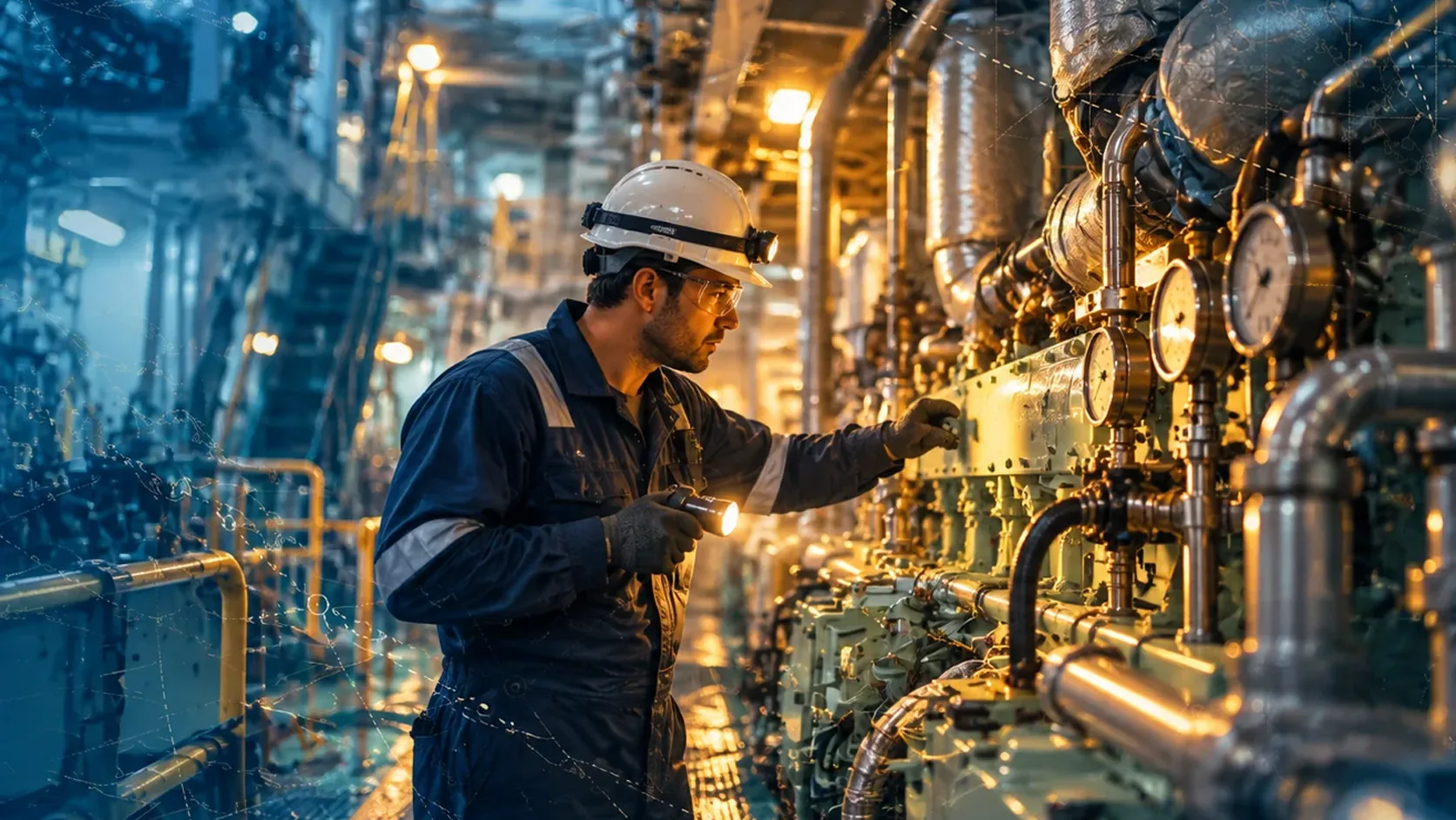 An engineer checking equipment in a ship's engine room